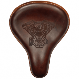 Dark Brown Leather Saddle With Embossed Engine Design For Classic / Custom Bike